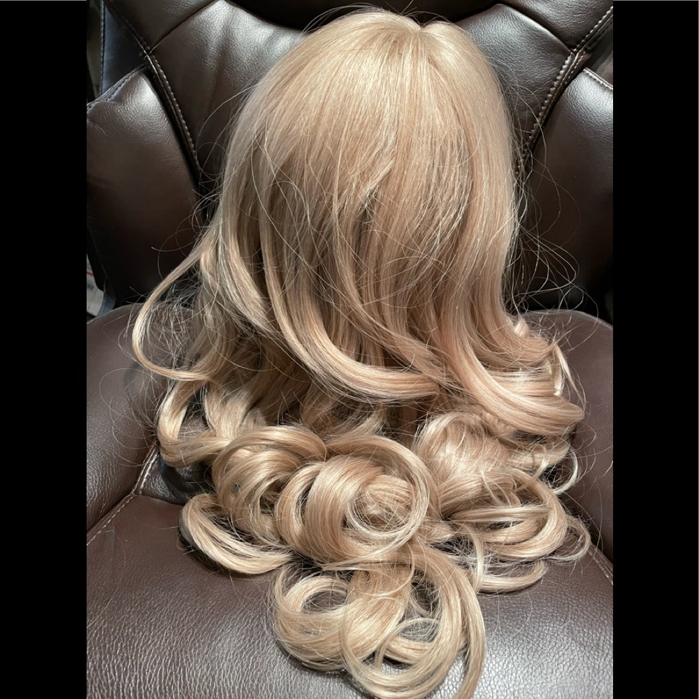 creamy ash blonde wig honey lights mix dimension bangs coily waves long 18-22”